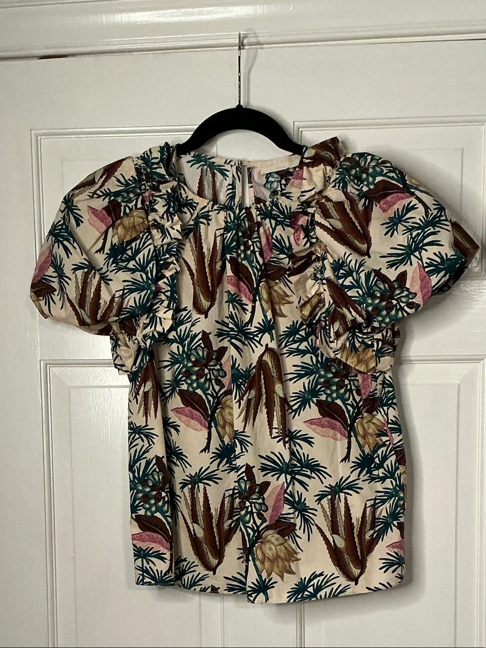 Ulla Johnson Cream Tropical Print Puff Sleeve Blouse with Green & Pink Accents